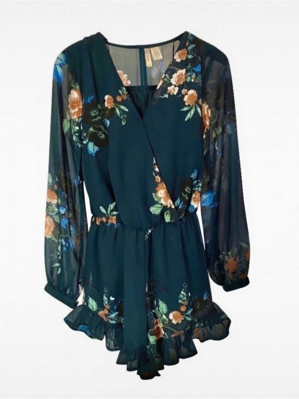 Japna Teal Floral Long Sleeve Surplice Romper with Ruffle Hem - Size XS